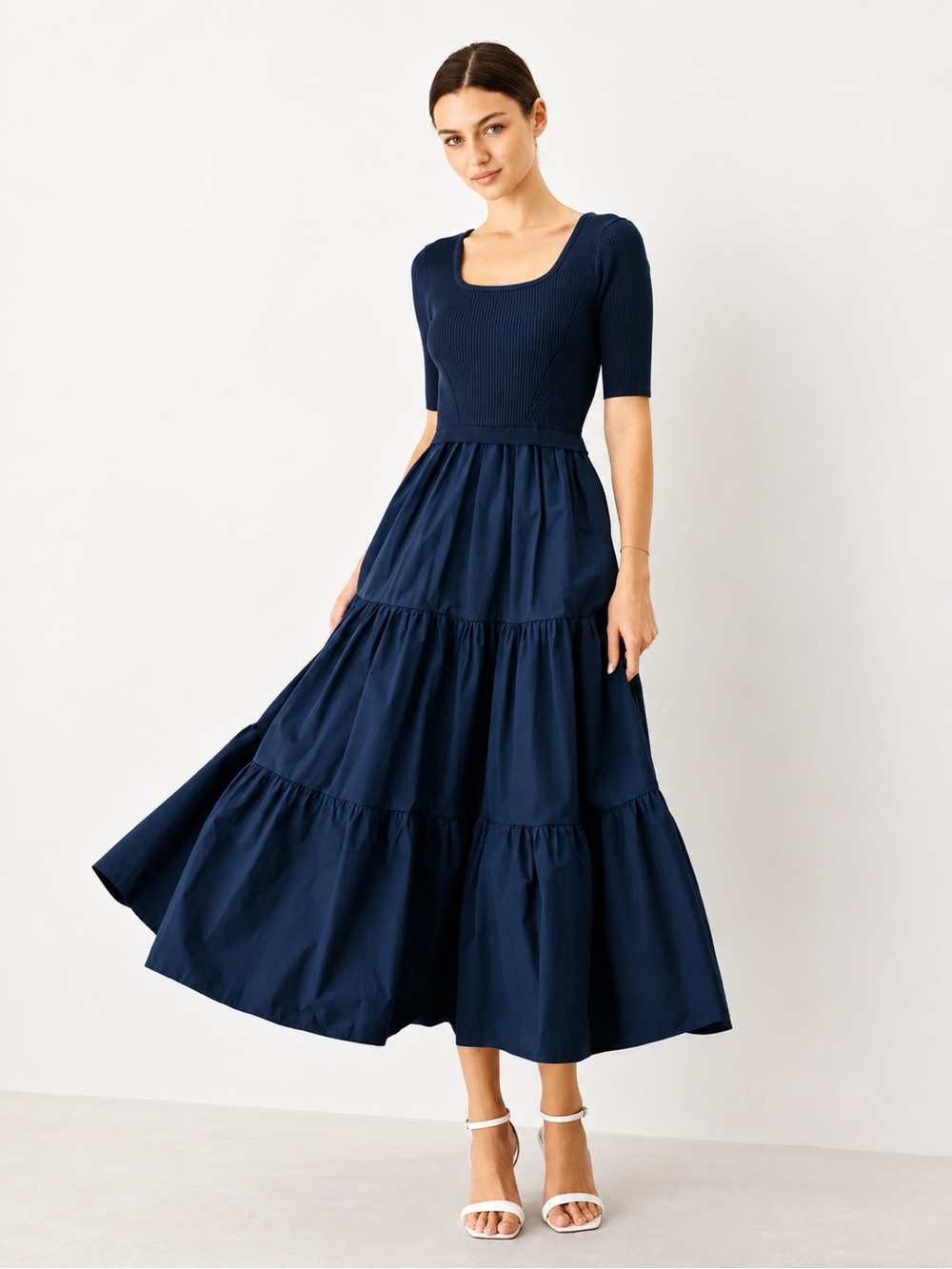 Flying Tomato Navy Square-Neck Tiered Maxi Dress, Fit and Flare Dress #D5